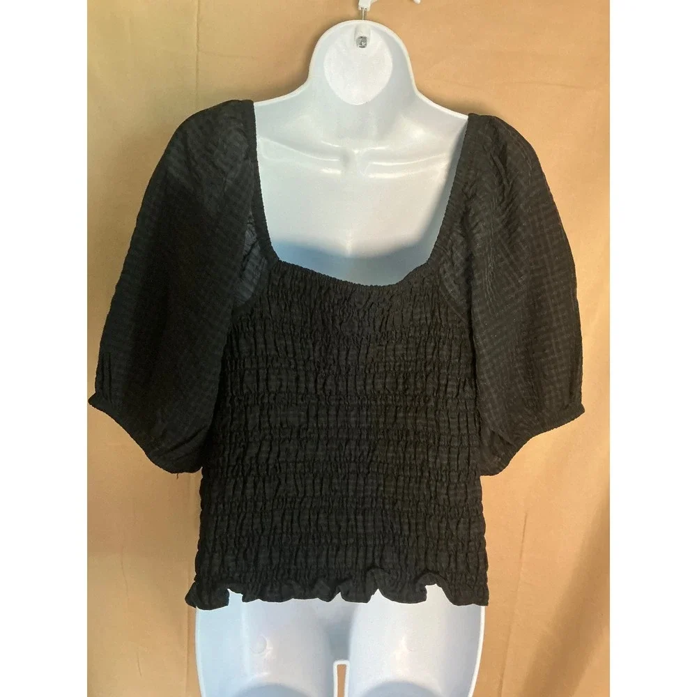 Old Navy Smocked Puff Sleeve Top Women XL Black NEW Gingham Square Neck Ruffle